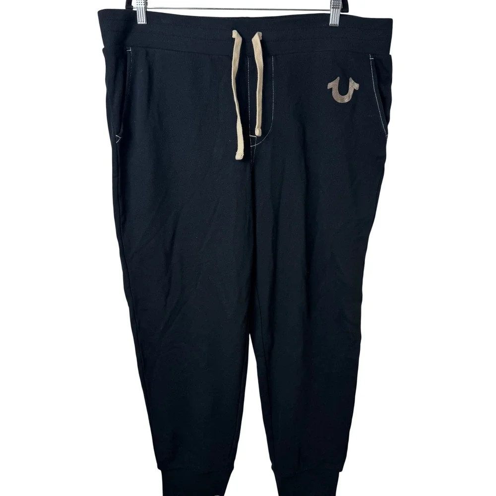 True Religion Jogger Sweatpant Mens 2XL Black Gold Horseshoe Logo MA0H023MF4
